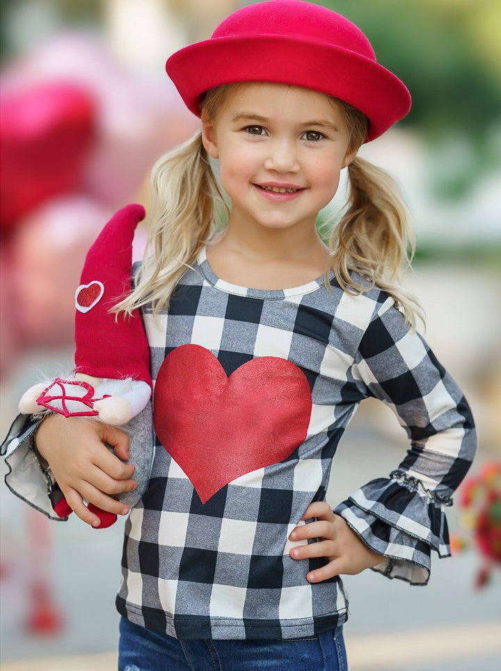 Valentine's Outfit | Girls Glitter Heart Plaid Top & Patched Jeans Set