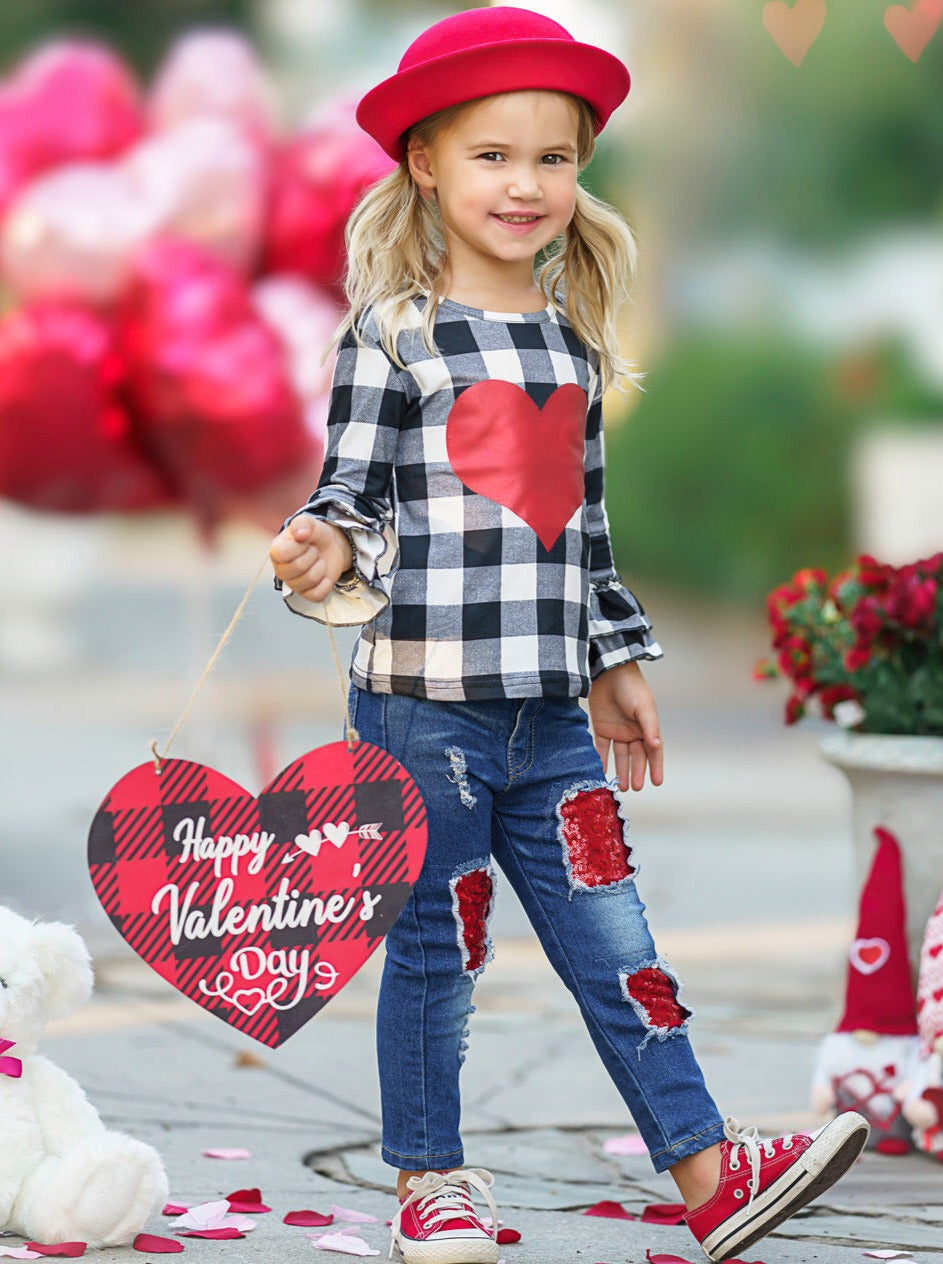 Valentine's Outfit | Girls Glitter Heart Plaid Top & Patched Jeans Set