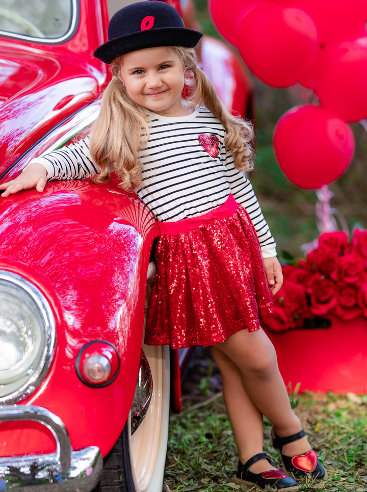 Toddler Valentine's Outfits | Girls Striped Top and Sequin Skirt Set