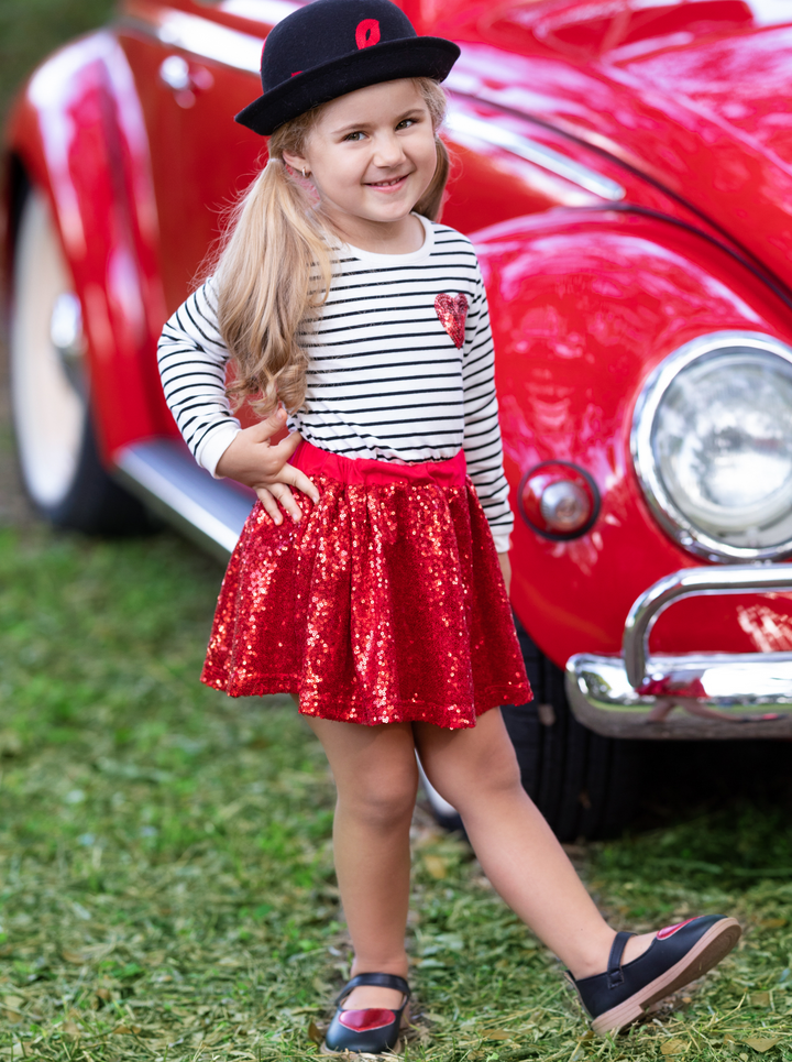 Toddler Valentine's Outfits | Girls Striped Top and Sequin Skirt Set