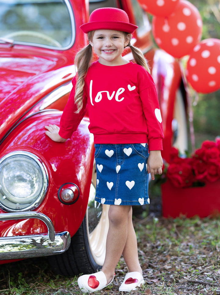 Toddler Valentine's Outfits | Love Pullover Sweater & Denim Skirt Set