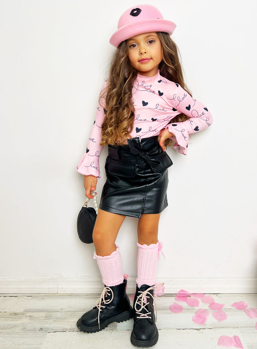 Mia Belle Girls Valentine Flared Cuff Top & Vegan Leather Skirt Set