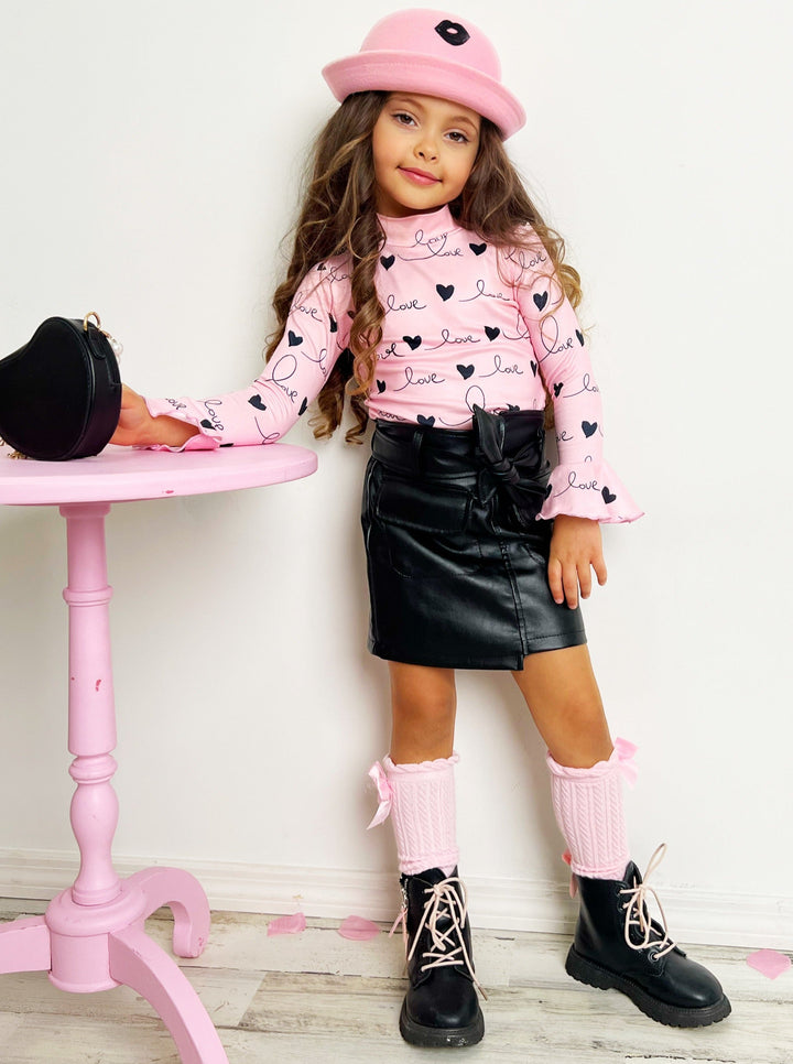 Mia Belle Girls Valentine Flared Cuff Top & Vegan Leather Skirt Set