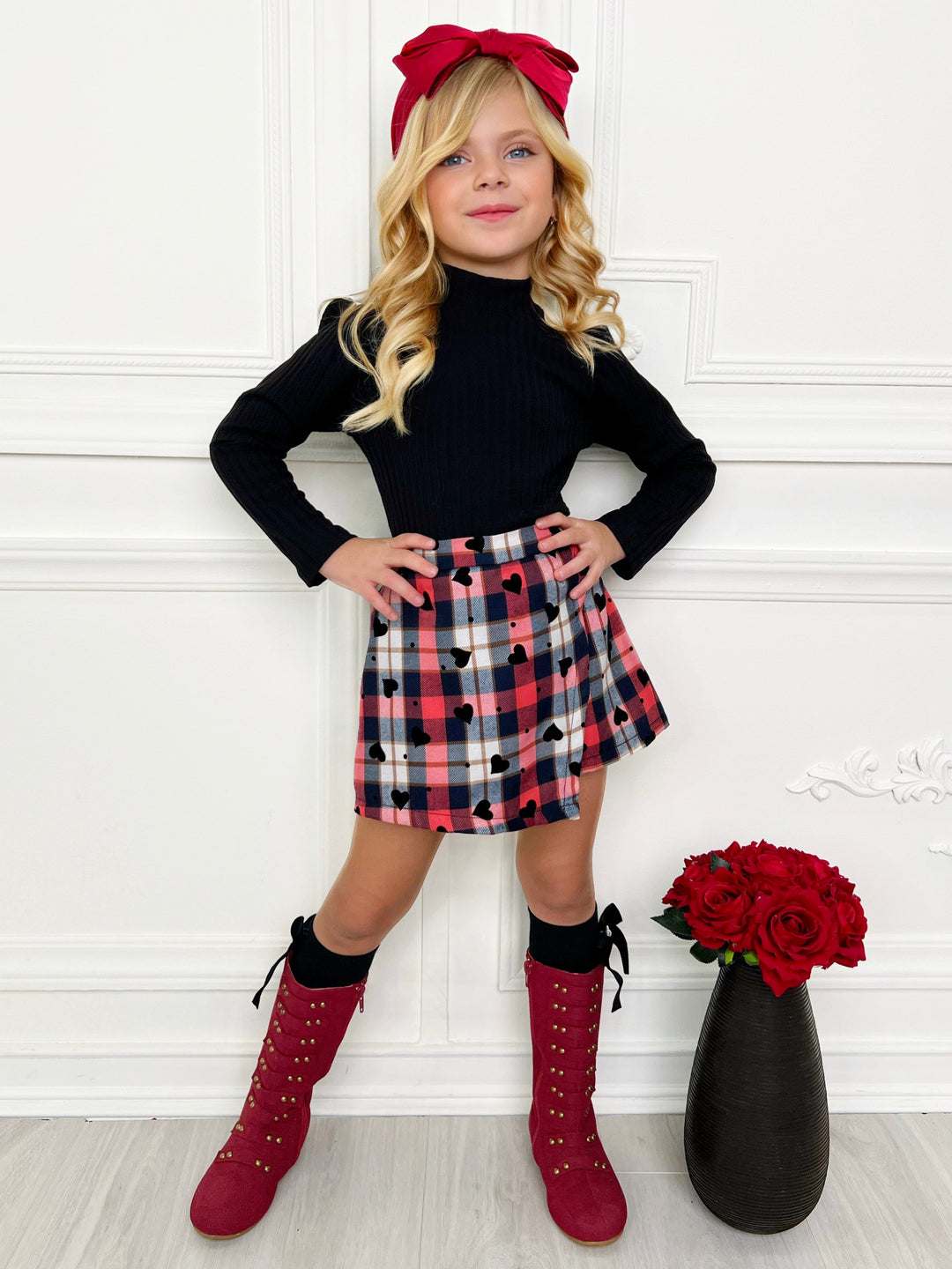 Toddler Valentine's Clothes | Turtle Neck Top & Plaid Heart Skort Set