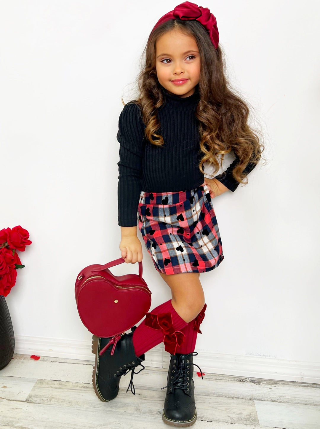 Toddler Valentine's Clothes | Turtle Neck Top & Plaid Heart Skort Set