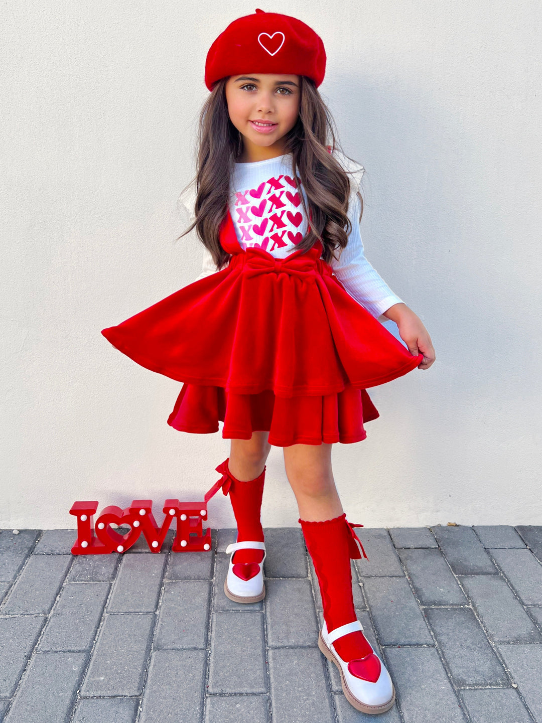 Mia Belle Girls Red Velvet Overall Skirt Set | Valentine's Outfits