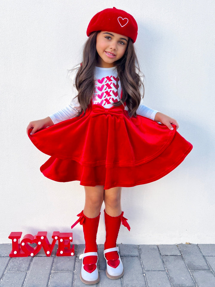 Mia Belle Girls Red Velvet Overall Skirt Set | Valentine's Outfits