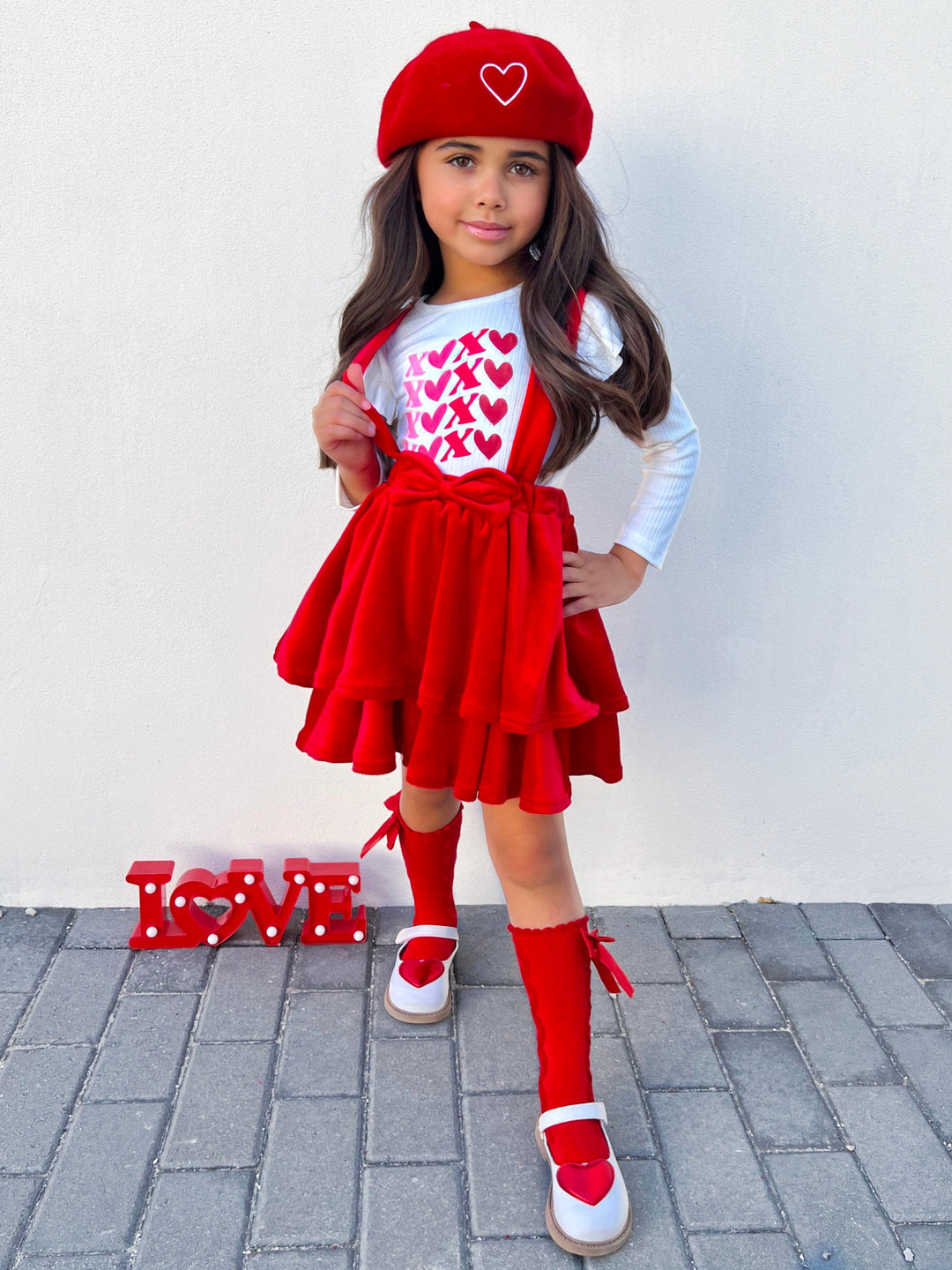 Mia Belle Girls Red Velvet Overall Skirt Set | Valentine's Outfits