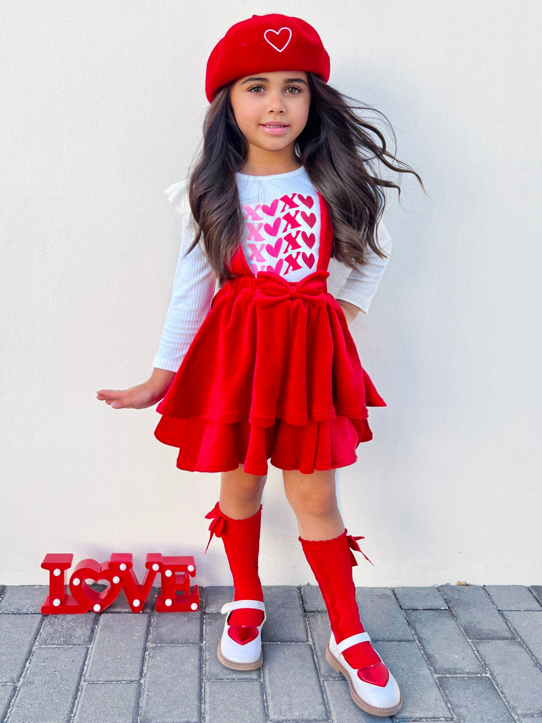 Mia Belle Girls Red Velvet Overall Skirt Set | Valentine's Outfits