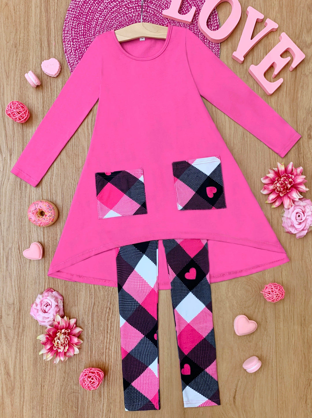 Mia Belle Girls Hi-Lo Tunic &  Plaid Legging Set | Valentine's Sets