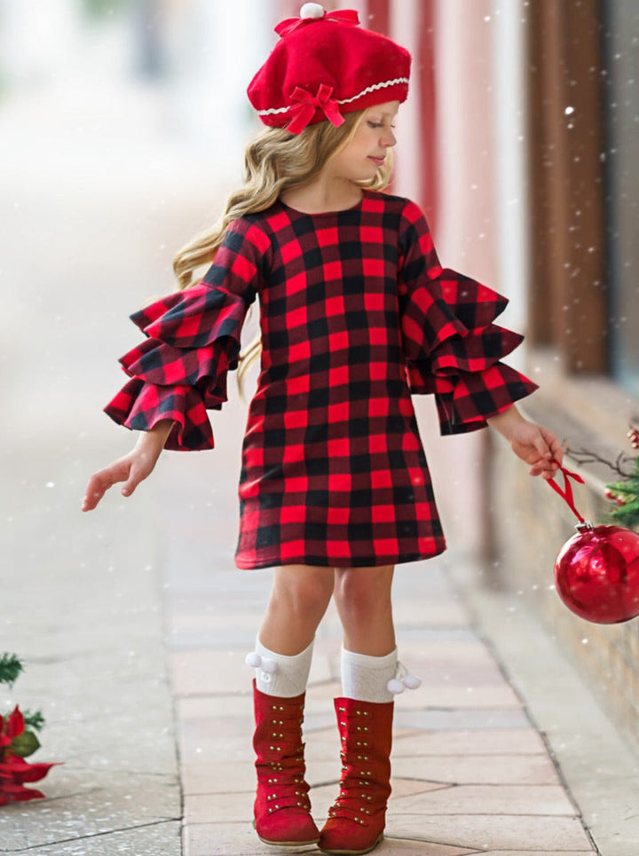 Cute Winter Dressy Outfits | Girls Plaid Tiered Sleeve Miya Dress