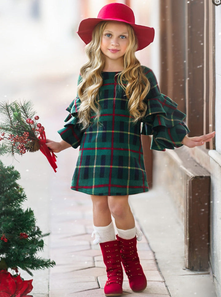 Cute Winter Dressy Outfits | Girls Plaid Tiered Sleeve Miya Dress