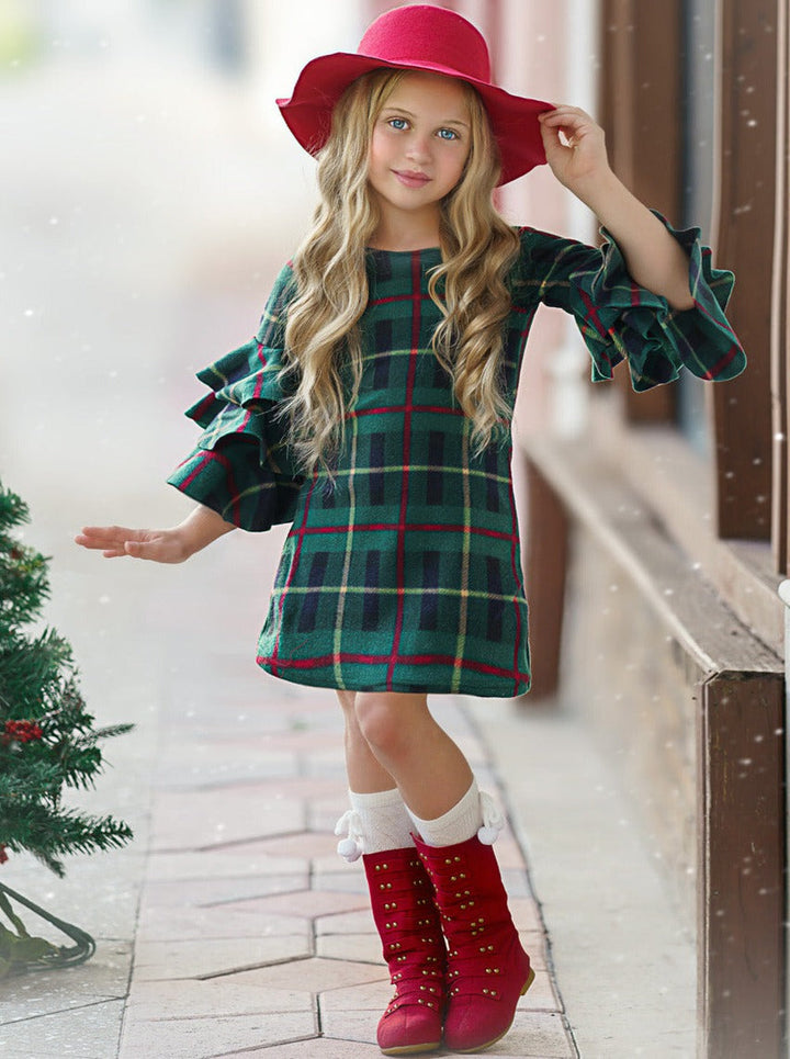 Cute Winter Dressy Outfits | Girls Plaid Tiered Sleeve Miya Dress