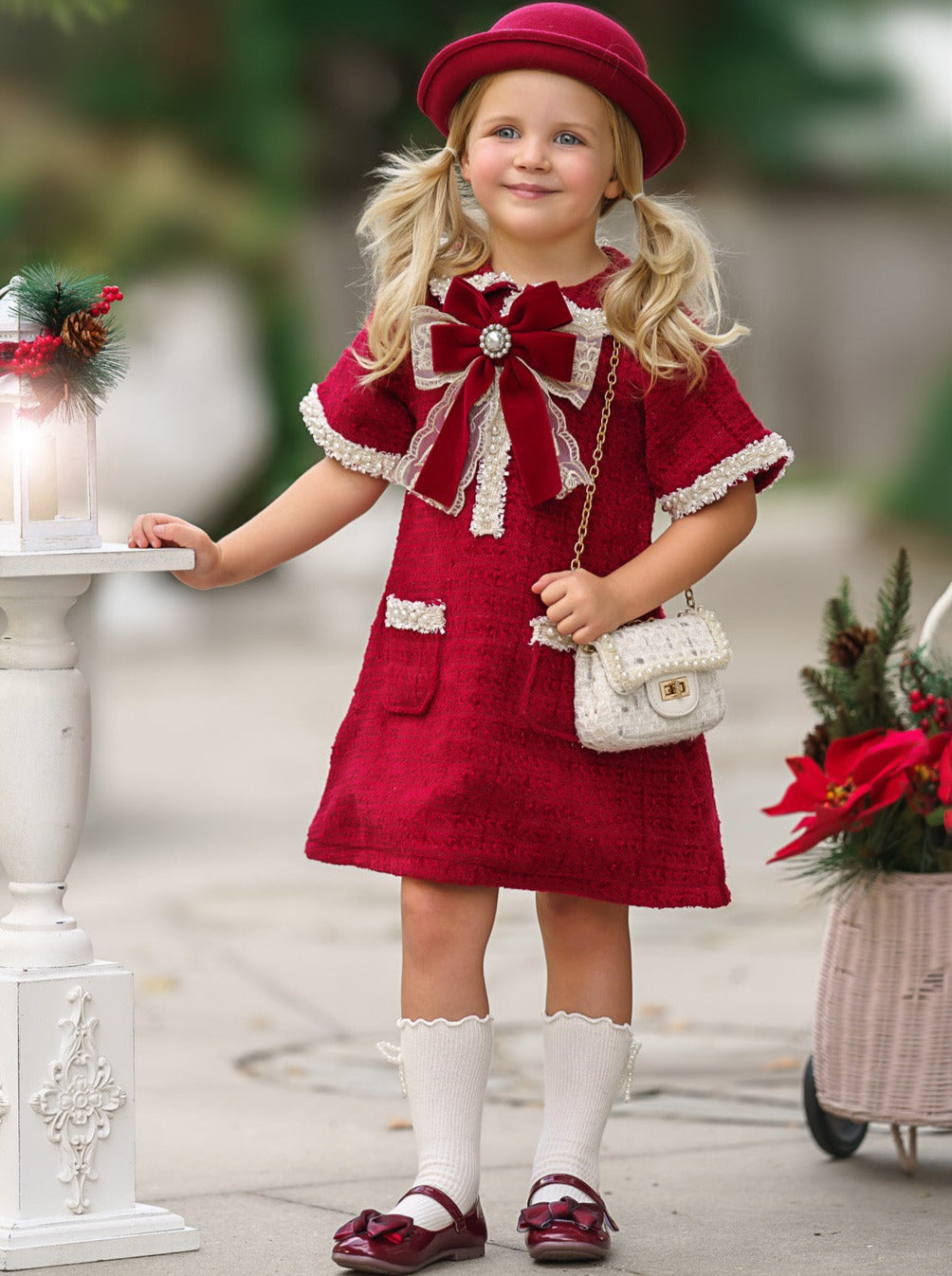 Mia Belle Girls Burgundy Tweed Dress | Girls Winter Dresses