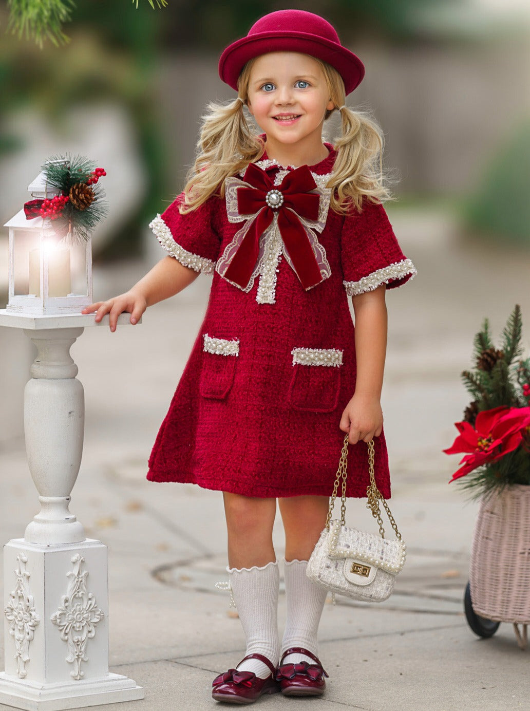 Mia Belle Girls Burgundy Tweed Dress | Girls Winter Dresses