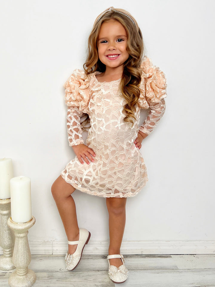 Mia Belle Girls Rosette Sleeve Lace Dress | Girls Winter Dresses