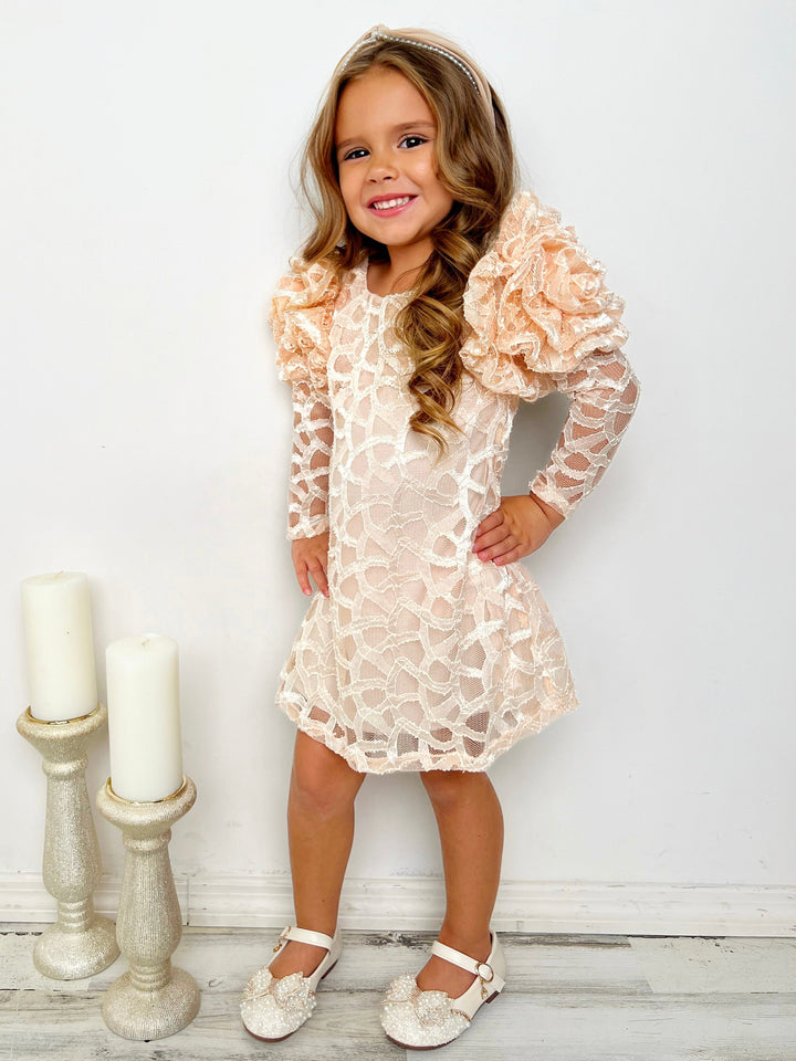 Mia Belle Girls Rosette Sleeve Lace Dress | Girls Winter Dresses