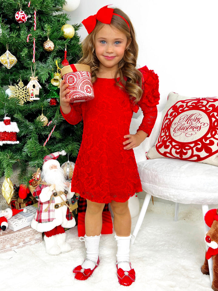 Ruby Princess Rosette Sleeve Red Lace Dress