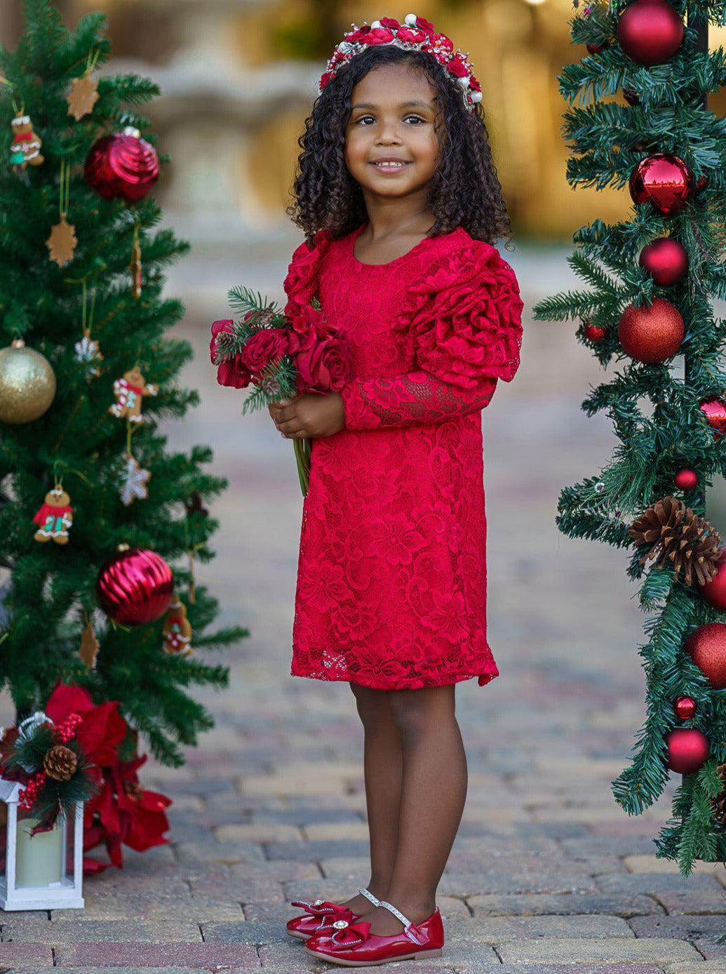 Mia Belle Girls Rosette Sleeve Red Lace Dress | Girls Winter Dresses