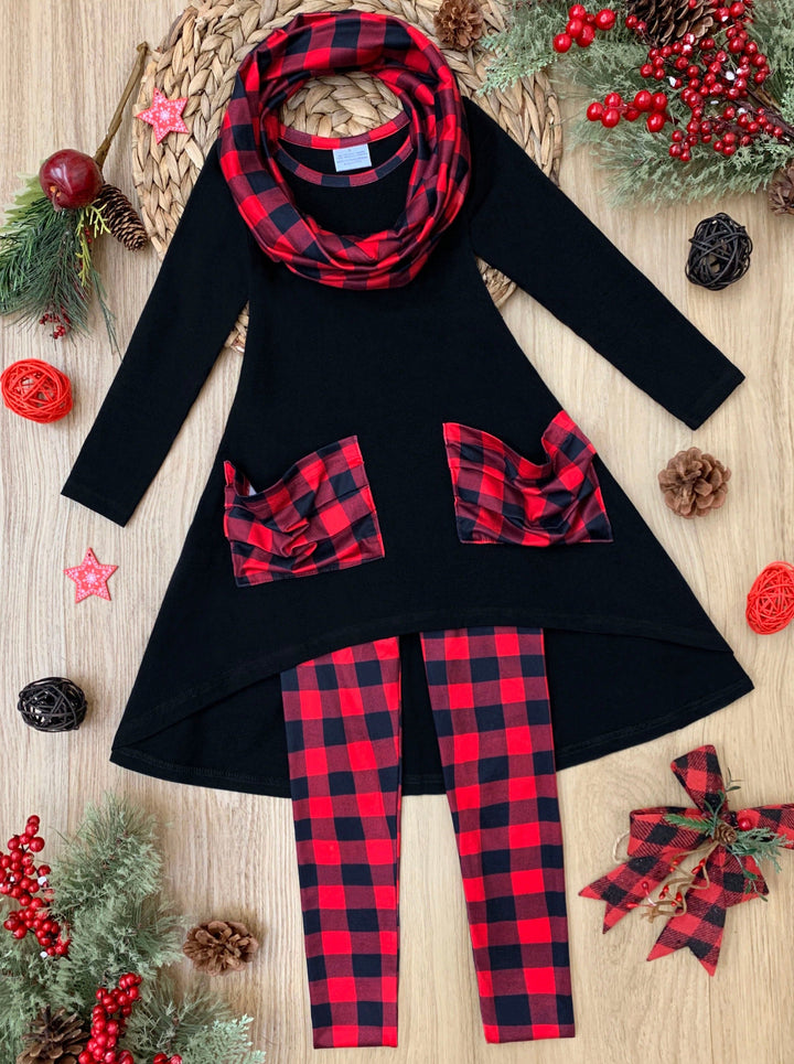 Winter Casual Sets | Plaid Slouch Pocket Tunic, Leggings & Scarf Set 