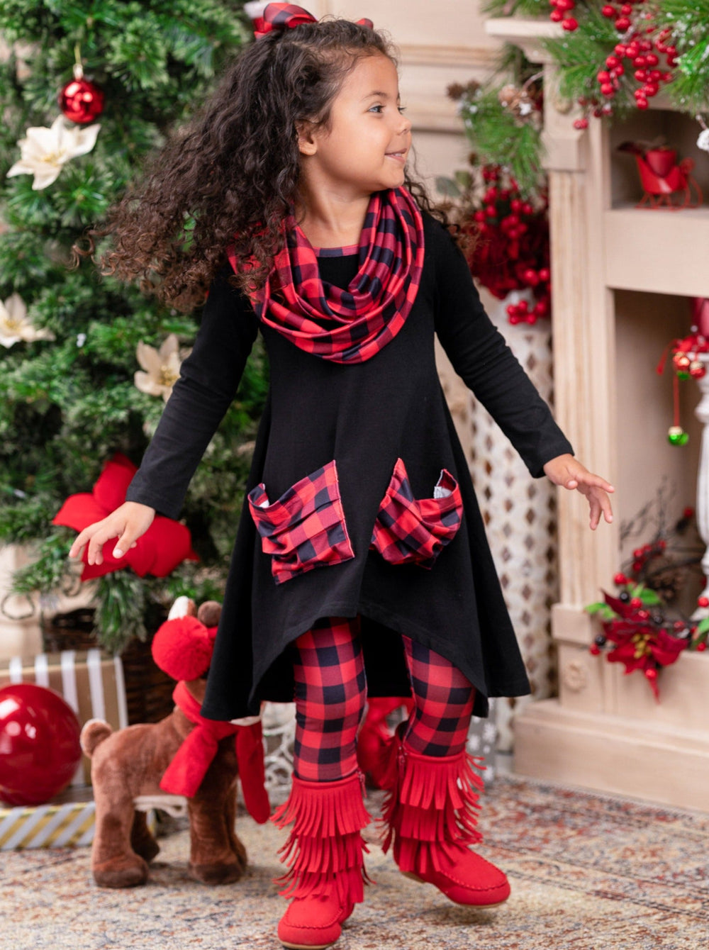 Winter Casual Sets | Plaid Slouch Pocket Tunic, Leggings & Scarf Set 