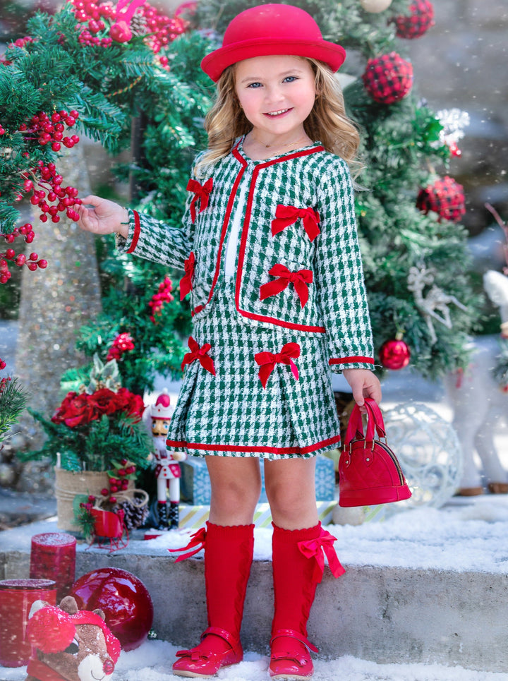 Winter Dressy Sets | Girls Houndstooth Knit Blazer & Pleated Skirt Set