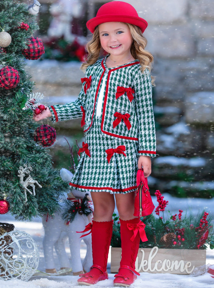 Winter Dressy Sets | Girls Houndstooth Knit Blazer & Pleated Skirt Set