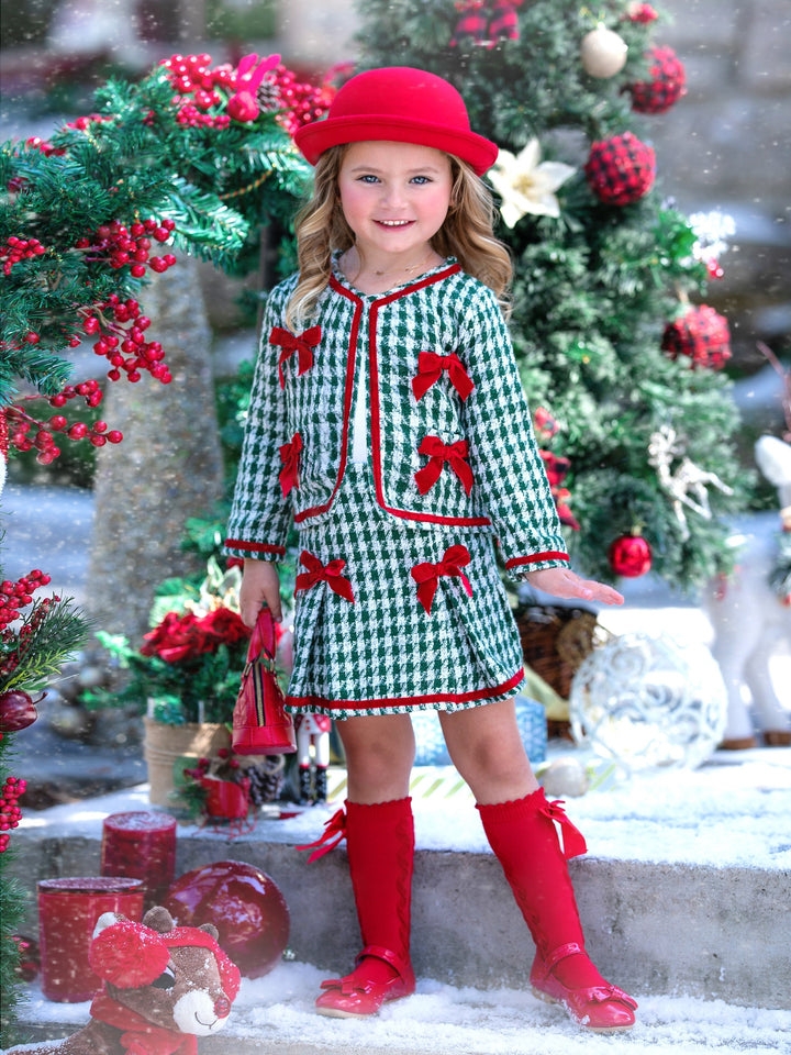 Winter Dressy Sets | Girls Houndstooth Knit Blazer & Pleated Skirt Set