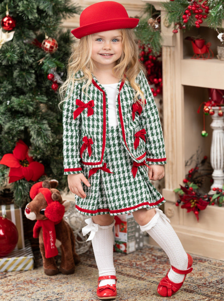 Winter Dressy Sets | Girls Houndstooth Knit Blazer & Pleated Skirt Set