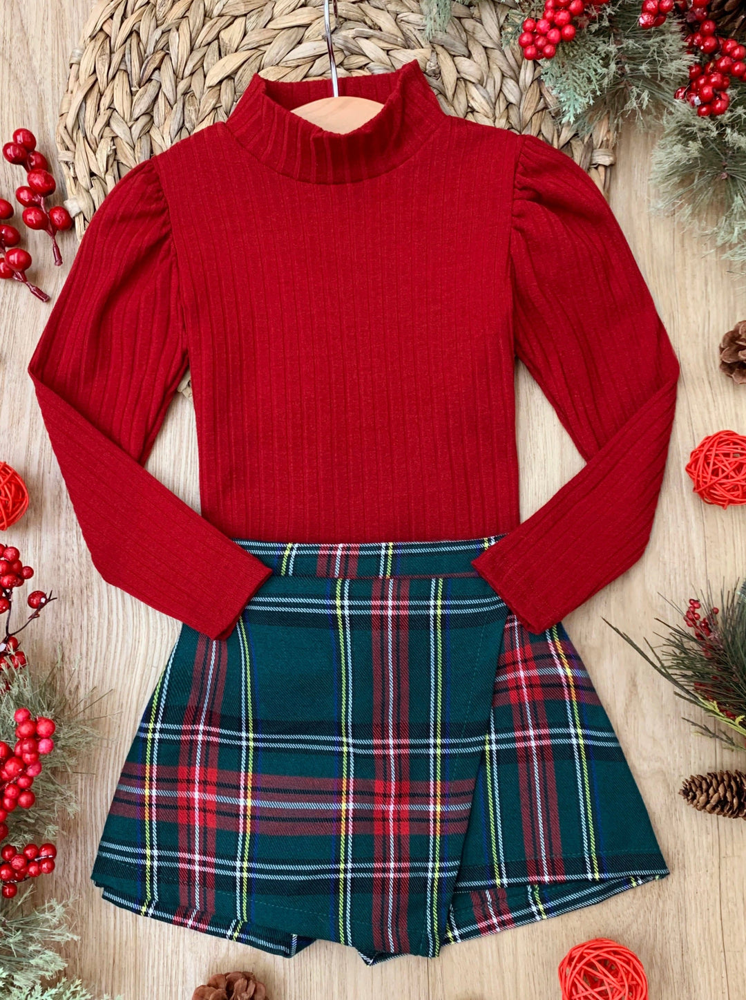 Cute Winter Dressy Sets | Girls Puff Turtleneck Top & Plaid Skort Set