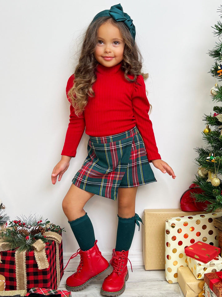 Cute Winter Dressy Sets | Girls Puff Turtleneck Top & Plaid Skort Set