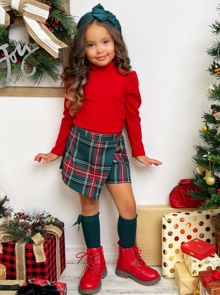 Cute Winter Dressy Sets | Girls Puff Turtleneck Top & Plaid Skort Set