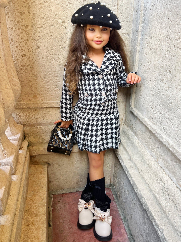 Preppy Chic Set | Houndstooth Blazer & Pleated Skirt | Mia Belle Girls