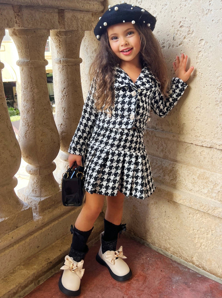 Preppy Chic Set | Houndstooth Blazer & Pleated Skirt | Mia Belle Girls