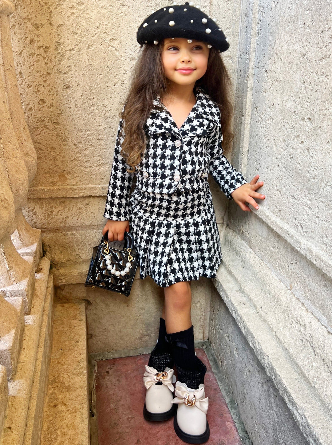 Preppy Chic Set | Houndstooth Blazer & Pleated Skirt | Mia Belle Girls