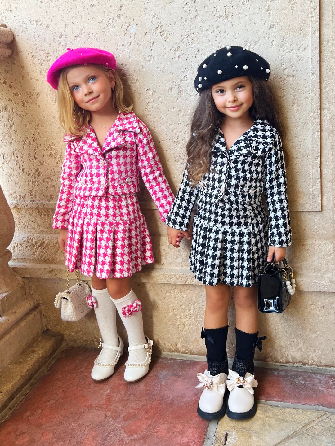 Preppy Chic Set | Houndstooth Blazer & Pleated Skirt | Mia Belle Girls