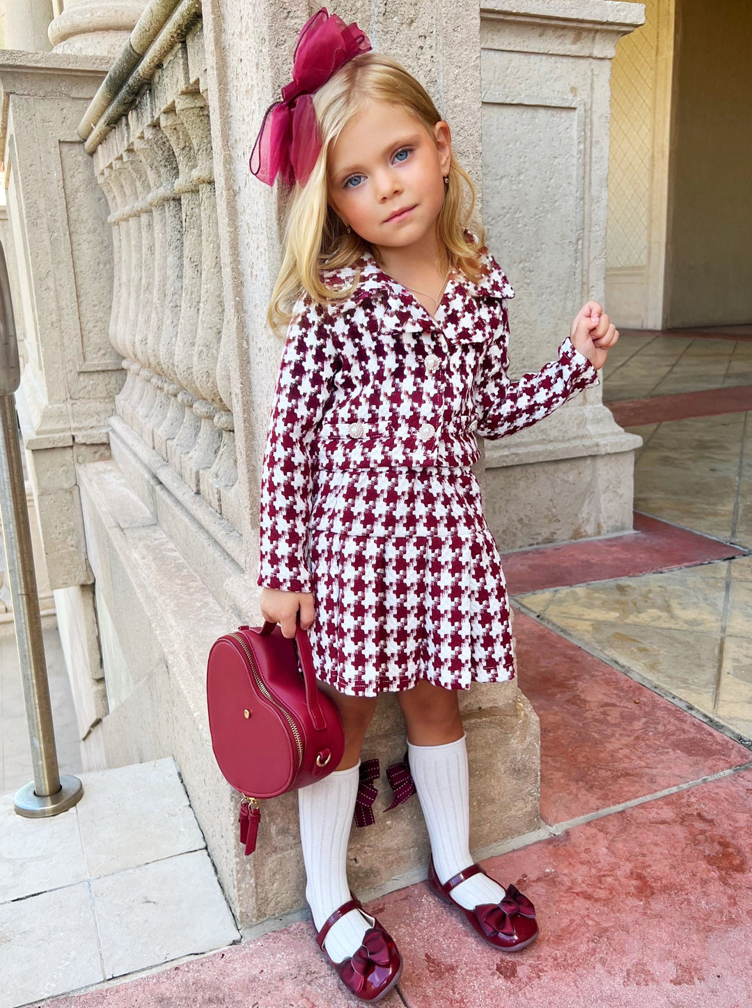 Preppy Chic Set | Houndstooth Blazer & Pleated Skirt | Mia Belle Girls