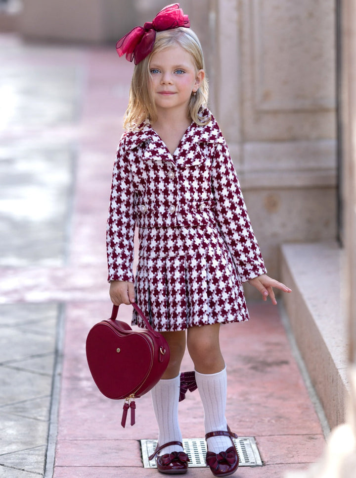 Preppy Chic Set | Houndstooth Blazer & Pleated Skirt | Mia Belle Girls