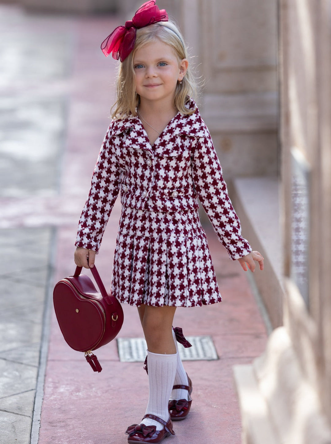 Preppy Chic Set | Houndstooth Blazer & Pleated Skirt | Mia Belle Girls