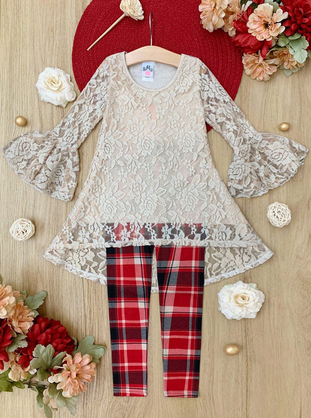 Mia Belle Girls Lace Tunic & Checkered Leggings | Tunic & Legging Set