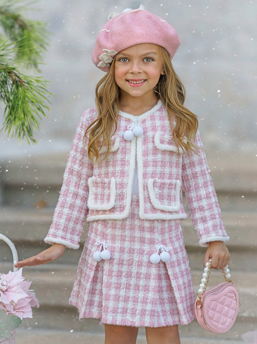 Mia Belle Girls Blush Tweed Blazer & Skirt Set | Girls Winter Outfits