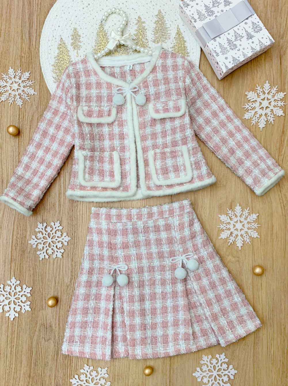 Mia Belle Girls Blush Tweed Blazer & Skirt Set | Girls Winter Outfits