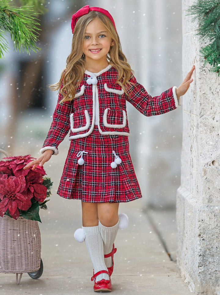 Mia Belle Girls Plaid Tweed Blazer & Skirt Set | Girls Winter Outfits