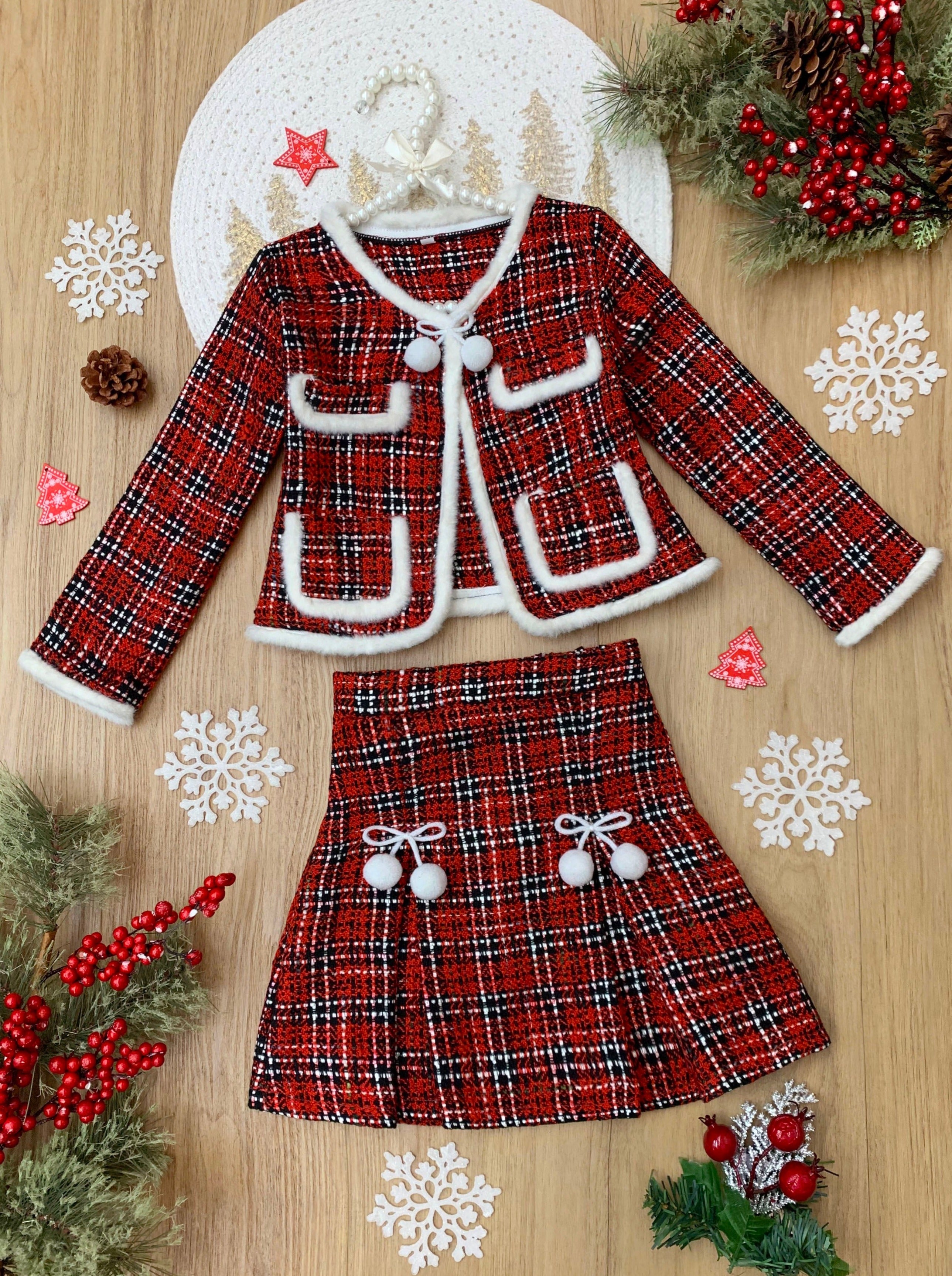Mia Belle Girls Plaid Tweed Blazer Skirt Set Girls Winter Outfits