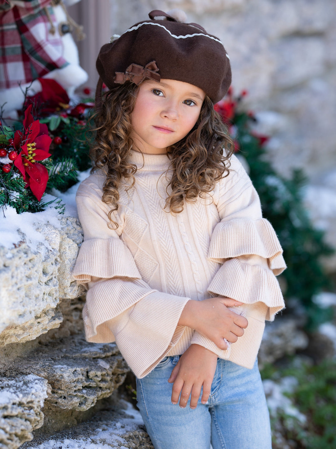 Cute Fall Sweaters | Girls Creme Three Tiered Sleeve Cable Knit Sweater