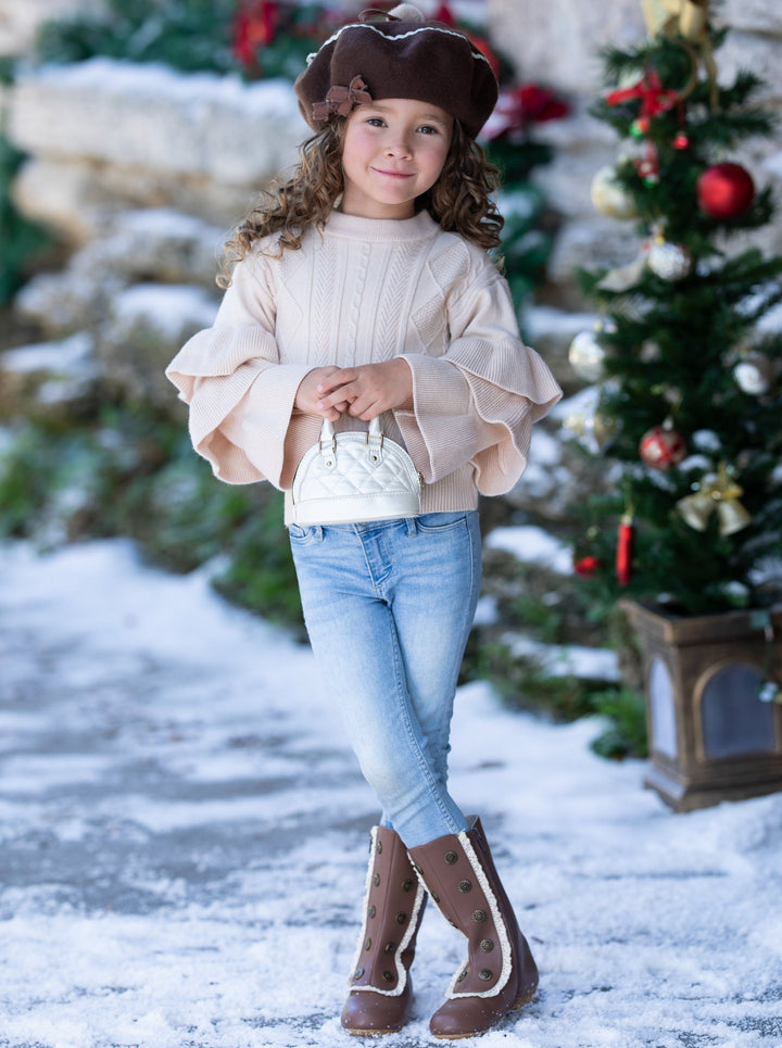 Cute Fall Sweaters | Girls Creme Three Tiered Sleeve Cable Knit Sweater