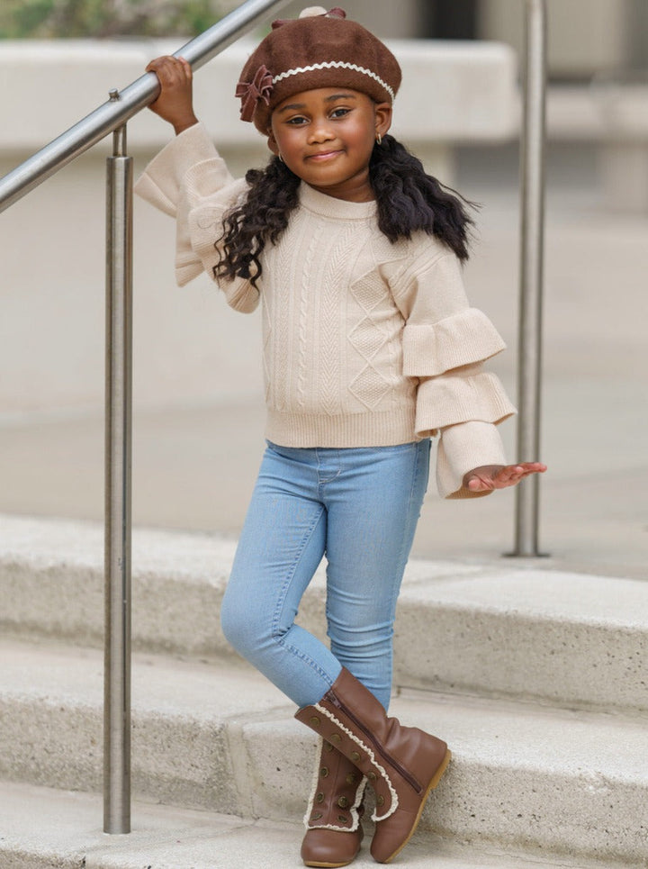 Cute Fall Sweaters | Girls Creme Three Tiered Sleeve Cable Knit Sweater