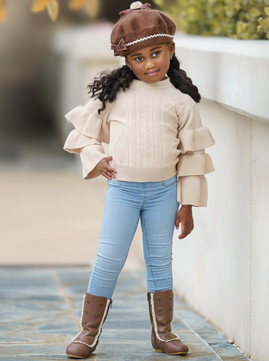 Cute Fall Sweaters | Girls Creme Three Tiered Sleeve Cable Knit Sweater