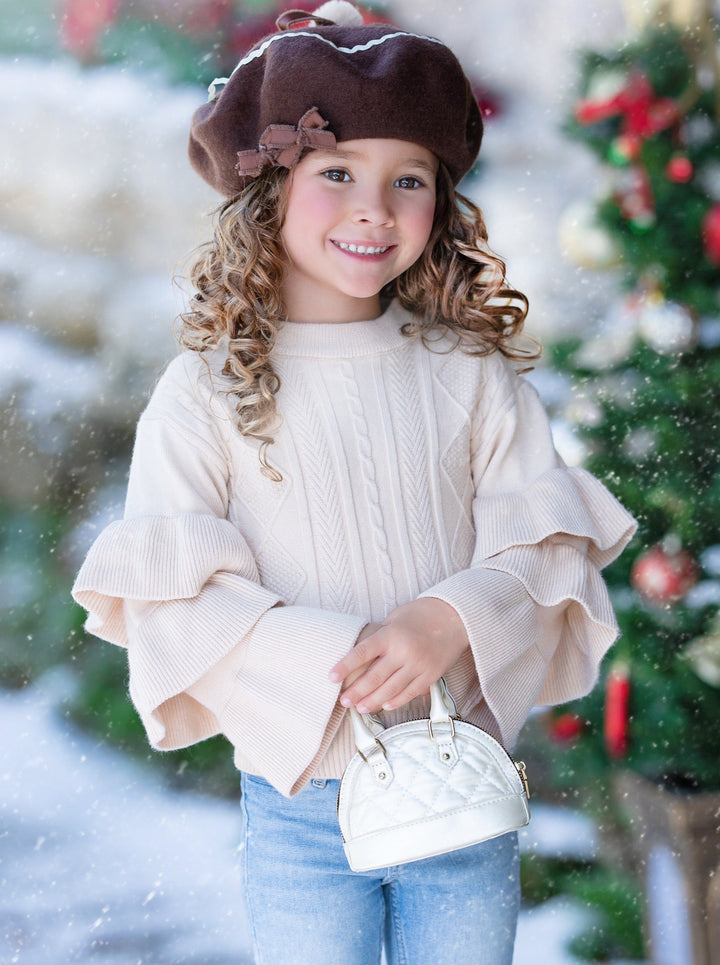 Cute Fall Sweaters | Girls Creme Three Tiered Sleeve Cable Knit Sweater