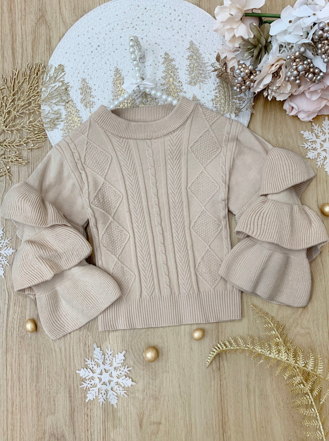 Cute Fall Sweaters | Girls Creme Three Tiered Sleeve Cable Knit Sweater